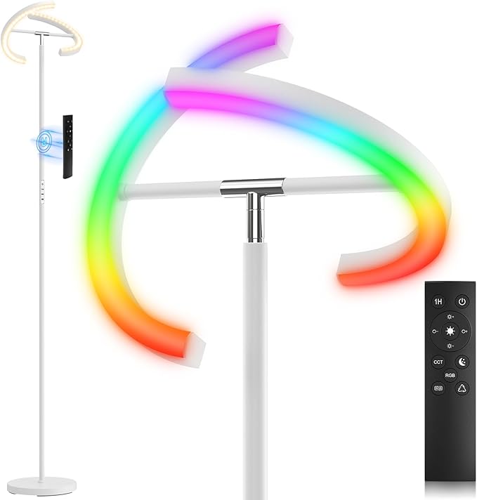 White RGBCW Floor Lamp, Bright Color Changing RGB Standing Lamp, Modern Stepless Dimmable LED Tall Lamp with Remote Control, 20W 3000-6000K Floor Lamps for Living Room, Bedroom, Office