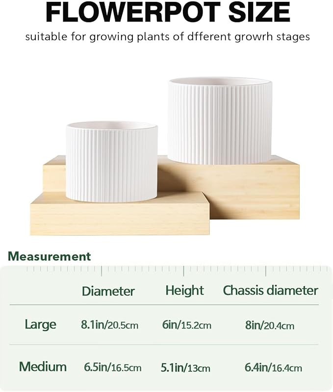 Ceramic Plant Pots, 8.1 + 6 Inch Planters for Indoor Plants, Modern Flower Pots for Plants with Drainage, Medium Cylinder Flower Pots for Indoor Plants, House Plants, Matte White