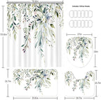 Elegant Floral Shower Curtain Sets with 12 Hooks, Bath Mat, Toilet Lid Cover, U Shaped Rugs, Watercolor Plant Green Leaves Waterproof, Washable Fabric,70.8 x 70.8 inches.
