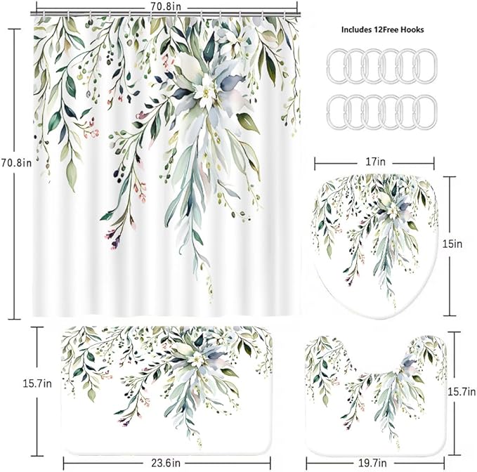 Elegant Floral Shower Curtain Sets with 12 Hooks, Bath Mat, Toilet Lid Cover, U Shaped Rugs, Watercolor Plant Green Leaves Waterproof, Washable Fabric,70.8 x 70.8 inches.