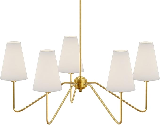 Electro bp;30" Dia 5-Arm Classic Chandeliers Polished Gold with White Linen Shades,Ceiling Light Fixture for Dining Room,Living Room,Entryway,E12,200W