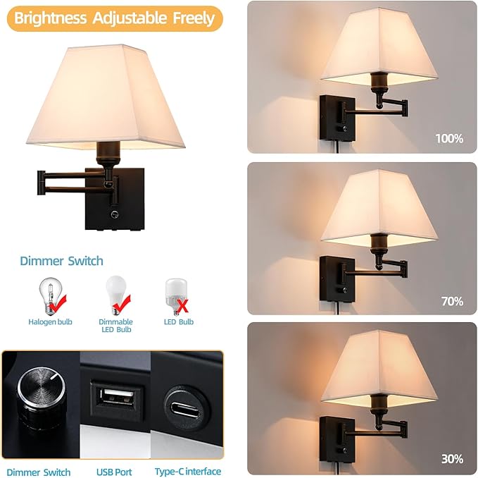 Swinging arm Wall lamp, Fabric lampshade, with Plug and dimming Rotary Switch, USB and Type-C Charging Port, Suitable for Bedside, Living Room, Hotel and Bedroom Wall Lamps