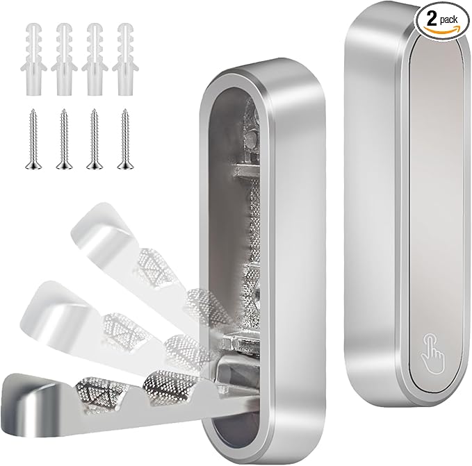 2PCS Foldable Wall Hooks, Heavy Duty Zinc Alloy Folding Wall Hooks,Folding Coat Hooks, Flip Down Hook for Hanging Coats, Bags, Hats, Cooking Utensil, Bathrobes, Keys (Silver)