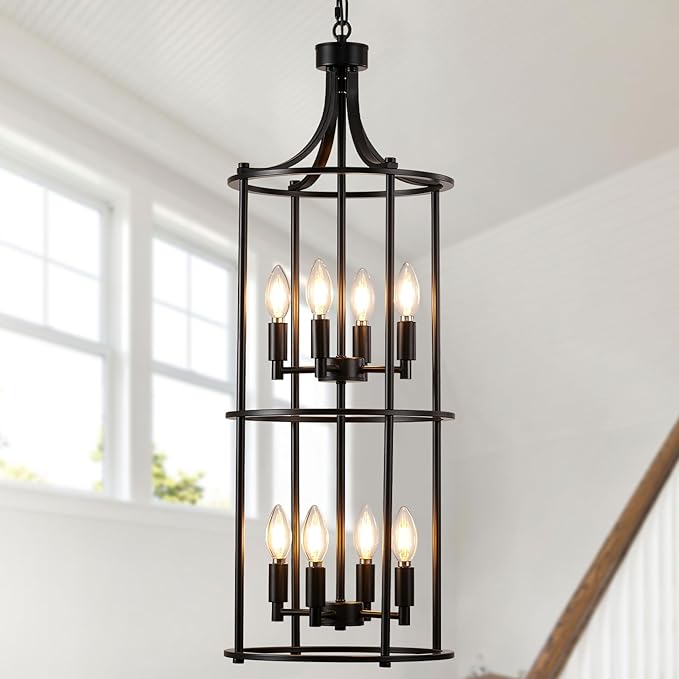 Foyer Chandeliers for High Ceilings, Lantern Tiered Black Chandelier Light Fixture Metal Modern Farmhouse Pendant Lights for Kitchen Island Entryway, Staircase, Living Room, Dinning Room