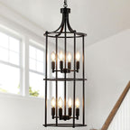 Foyer Chandeliers for High Ceilings, Lantern Tiered Black Chandelier Light Fixture Metal Modern Farmhouse Pendant Lights for Kitchen Island Entryway, Staircase, Living Room, Dinning Room