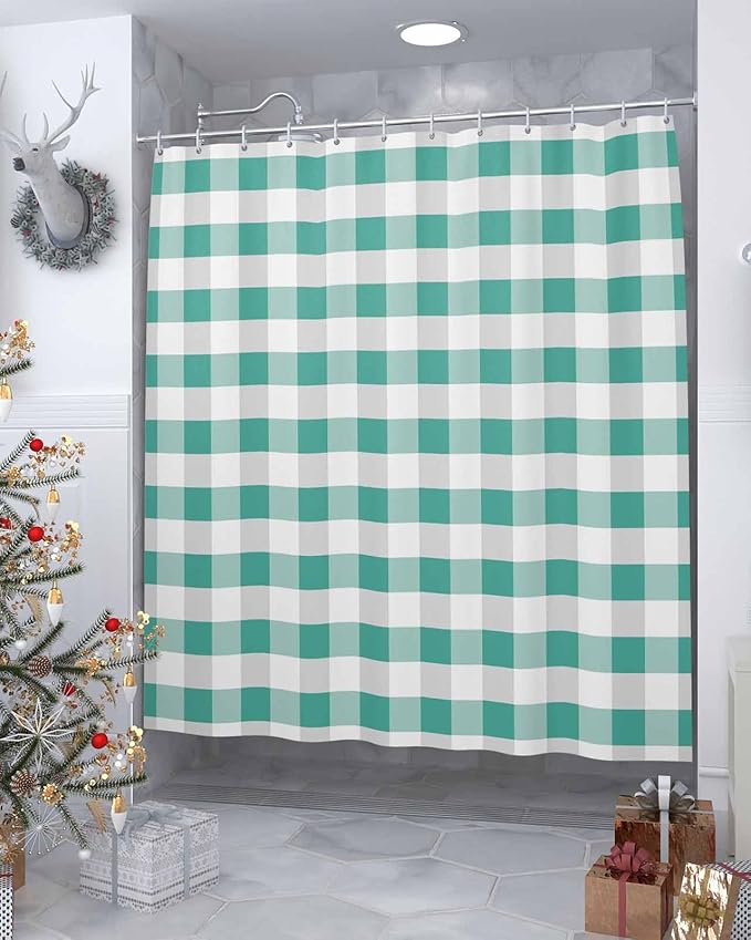 Vandarllin Rustic Green White Buffalo Check Plaid Pattern Shower Curtain, Farmhouse Shower Curtains Set with Hooks, Waterproof Fabric Bathroom Curtains Decor Home Accessories, Stall Long 36 X 78 Inch