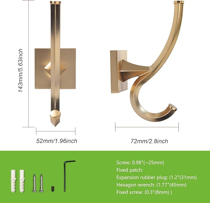 TUNNY 4 Pack Vintage Wall Hooks-Champagne Gold Coat Hooks Towel Hook for Hanging Heavy Duty Bathroom Hook Hat Hook Double Wall Mounted Coat Hanger