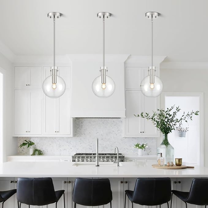 Brushed Nickel Pendant Lights Kitchen Island, 1-Light 8" Large Globe Glass Hanging Light Fixtures with Clear Glass, Modern Kitchen Pendant Lighting Over Island for Sink Bathroom, OS-JJ528-1PBN