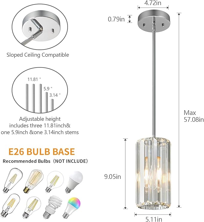 Chrome Pendant Lighting Modern Pendant Light Mini Crystal Chandeliers Adjustable Pendant Light Fixture for Kitchen Island Dinning Room Corridor Bedroom(Chorme 3-Pack)