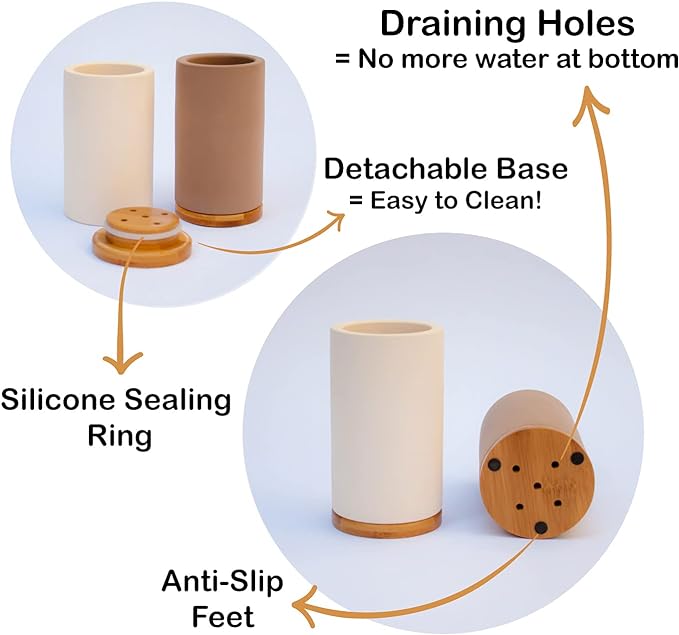 Matani Diatomite & Bamboo Toothbrush Holder - Quick-Drying, Water-Absorbent Stand with Removable Base & Drain Holes for Bathroom Countertop (Beige)