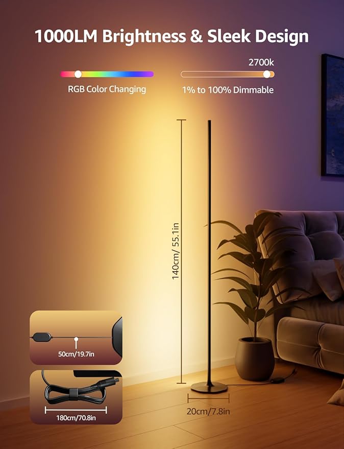 Lepro OE1 AI Smart Floor Lamp, RGBICW Corner Light with Music Sync, Alexa Compatible, Personalized AI Lighting Designer, Modern LED Standing Lamp for Living Room/Bedroom, 1000LM, 2.4G WiFi, No Remote
