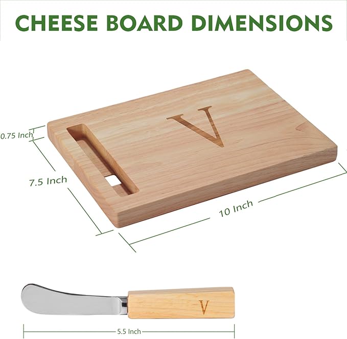Miicol Wood Charcuterie Board, Monogram Cheese Board 10 Inch, Personalized Initial Cutting Board with Spreader, Unique Housewarming Gift, Ideal for Kitchen, Home, Letter V