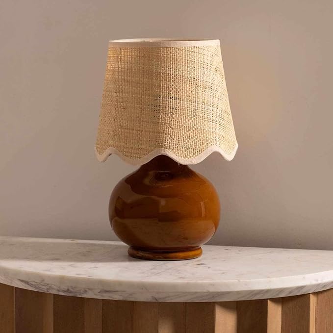 BoutiqueRugs Navarro Boho Ceramic Bedside Table Lamp for Bedroom Nightstand and Living Room - Shade Rattan - Brown, Rust, Beige - 13" H