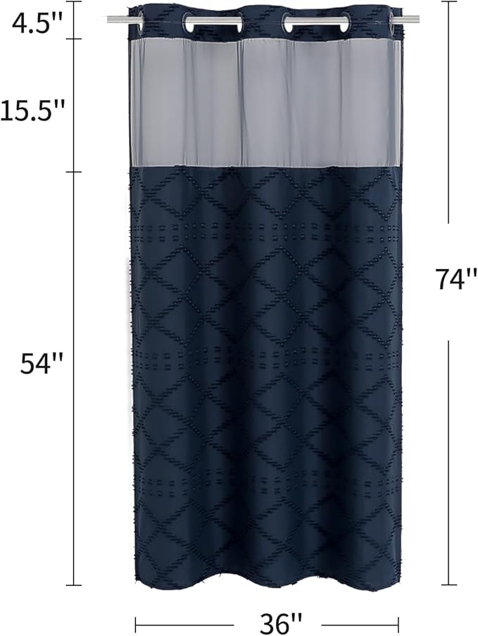 No Hooks Boho Navy Woven Fabric Shower Curtain 36 x 74 Modern Farmhouse, Tufted Chevron Striped Shabby Chic Textured, Minimalist Cloth Hookless Shower Curtains for Bathroom, Hotel Decor