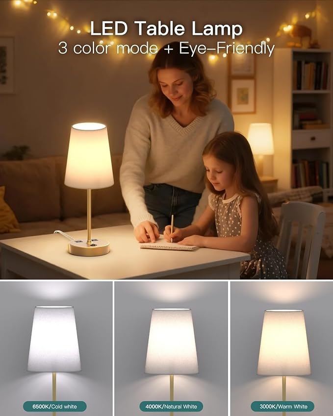Bedside Table Lamp for Bedroom, 3-Way Dimmable Lamp with AC Outlet and USB C Charging Ports(PD 20W), Lamps with Shade for Night Stands, Living Room, Desk, and Home Office