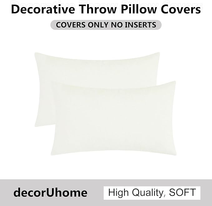 decorUhome Chenille Cream White Throw Pillow Covers 12x20 Inch Set of 2, Decorative Soft Couch Pillow Covers Solid Dyed Accent Velvet Farmhouse Neutral Rectangle Pillow Cases for Sofa Bed Living Room