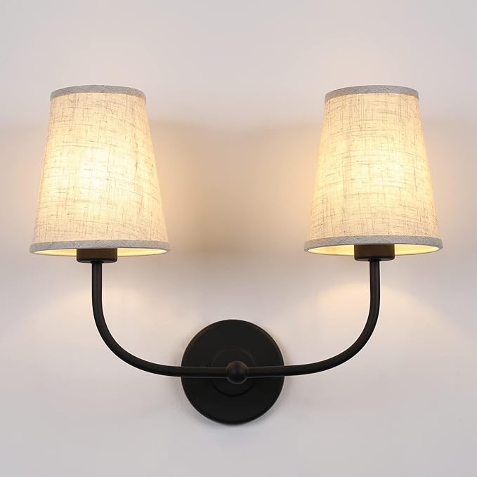 2-Lights Wall Sconces with Funnel Linen Fabric Shades, Double Light Wall Lamps for Bedroom Living Room Vanity Bathroom Hallway Stairway