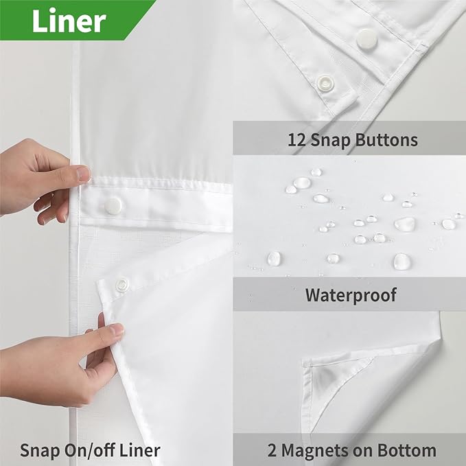 Long No Hooks Needed Linen Textured Shower Curtain with Snap-in Fabric Liner Set,White Hotel Luxury Decor Shower Curtains for Bathroom,Waterproof & Washable,71Wx80H