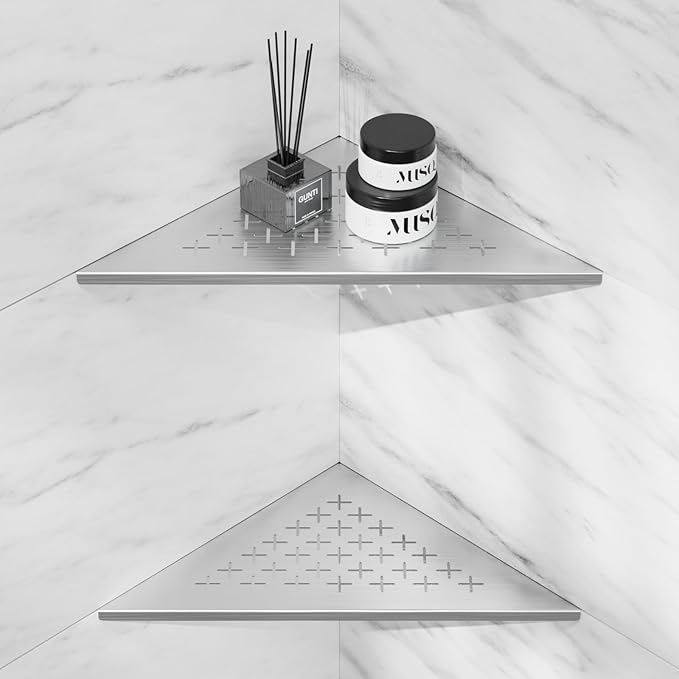 2 Pack Shower Corner Shelves, 304 Stainless Steel Recessed Bathroom Shelf for Tiled Wall, 10" Slot Design Organizer Corner Shelves for Inside Shower Decor (Silver, Cross)