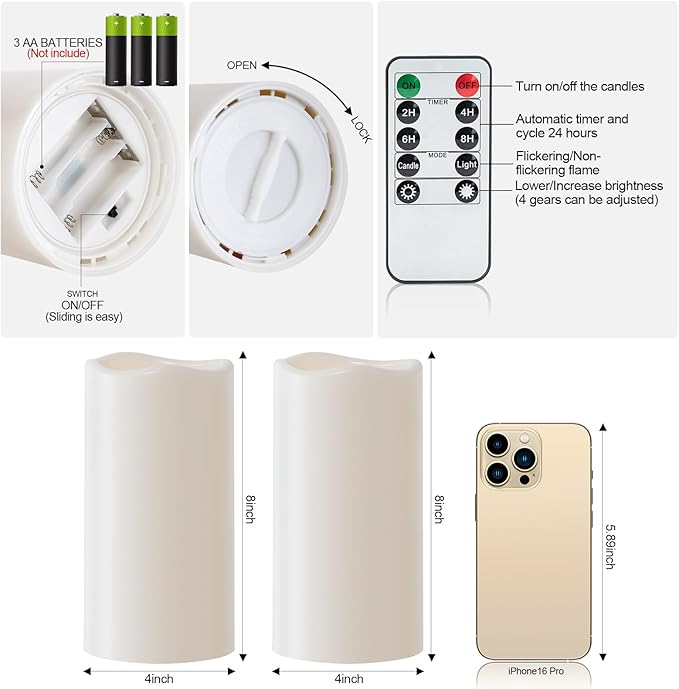 Amagic 2 Pack 8" x 4" Outdoor Plastic Electric flameless Candles with Remote Control and Timer, Battery Operated Flickering LED Pillar Fake Candle for Home, Wedding Decor, Ivory