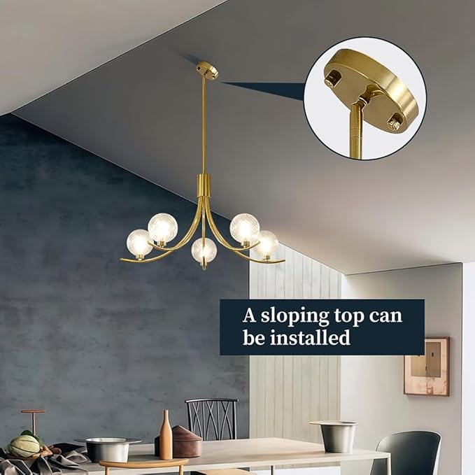 Gold Modern Chandelier with 5 Glass Globe Bulbs -Adjustable Height & Colour Temperature, Gilded lamp Post, Elegant Lighting for Living Room, Bedroom or Study
