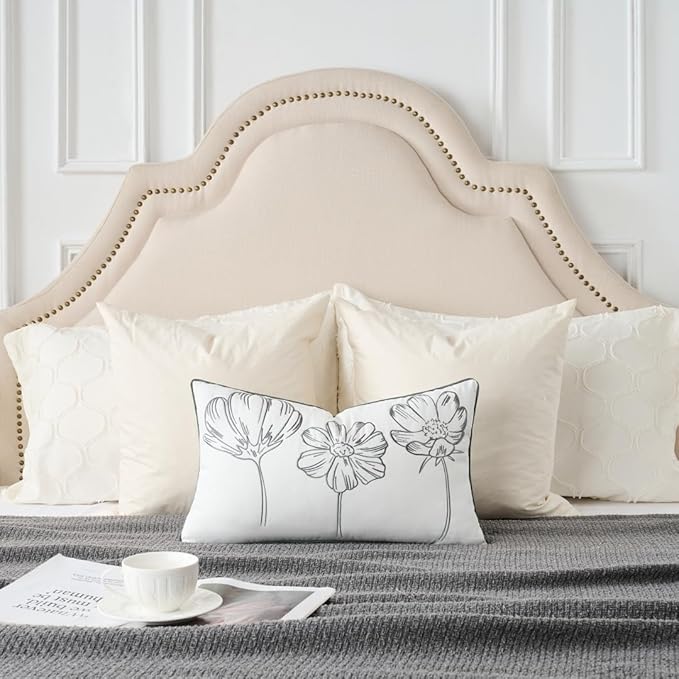Sunkifover Decorative Lumbar Pillow Cover 14x24 Inch Grey and White Cotton Embroidery Cute Flower Throw Pillowcase Cushion Cover for Bed Bedroom, Living Room, Sofa