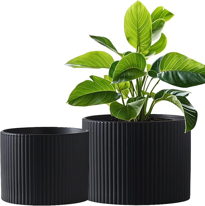 Ceramic Plant Pots, 8.1 + 6 Inch Planters for Indoor Plants, Modern Flower Pots for Plants with Drainage, Medium Cylinder Flower Pots for Indoor Plants, House Plants, Matte Black