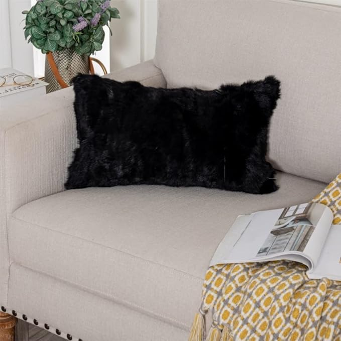 Rabbit Skin Fur Luxury Pillowcases Cushion Cover Soft Throw Cases for Living Rooms Covers Fur Pillow Case Cushion (Black, 30×50cm（12in×20in）)