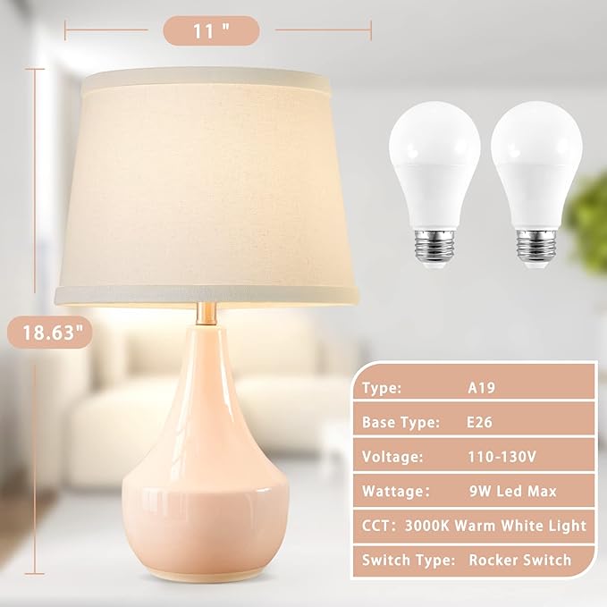 GyroVu Table Lamp Set of 2, 18.63” Ceramic Lamp Classic Beside Lamps Nightstand Lamp Modern Bedside Lamp for Living Room, Bedroom & Office Rocker Swtich Pink-LED Bulbs Included