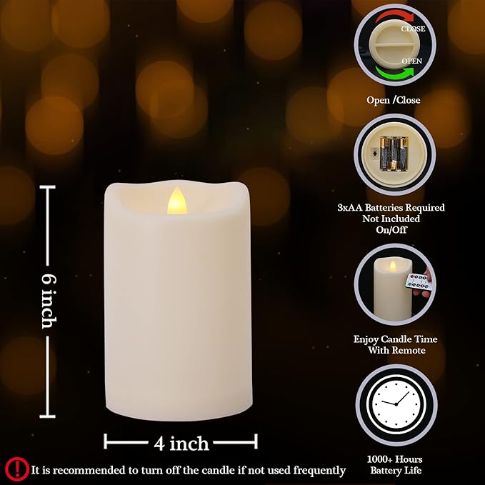 Waterproof Outdoor Flameless Candles with Remote and Timers, 1000 Hours Battery Operated Large LED Flickering Pillar Candles, Ivory Plastic, Set of 2 (D 4" x H 6")