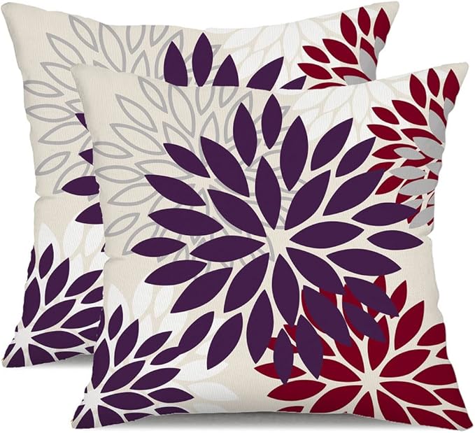 DFXSZ Purple Wine Red Flower Pillow Covers 16x16 Inch Set of 2 Outdoor Throw Pillows Outdoor Waterproof Decor for Living Room Sofa Patio Funiture Garden Floral Polyester Pillow Covers 002T16