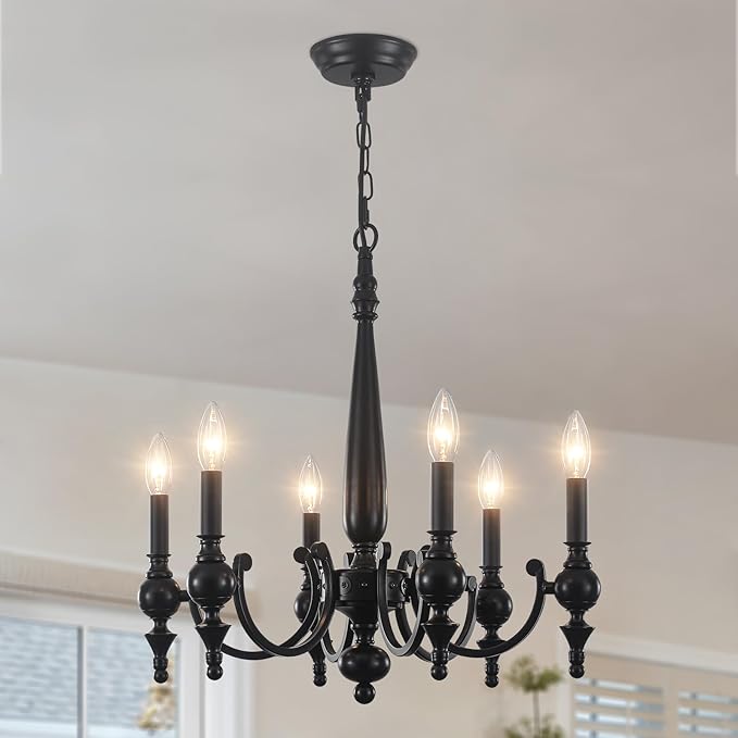 Farmhouse Chandelier, 6-Light Black Chandeliers for Dining Room Light Fixture Iron Metal Hanging Pendant Light, French Country Chandelier for Bedroom Kitchen Island Living Room UL-Listed