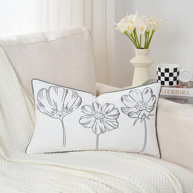 Sunkifover Decorative Lumbar Pillow Cover 14x24 Inch Grey and White Cotton Embroidery Cute Flower Throw Pillowcase Cushion Cover for Bed Bedroom, Living Room, Sofa