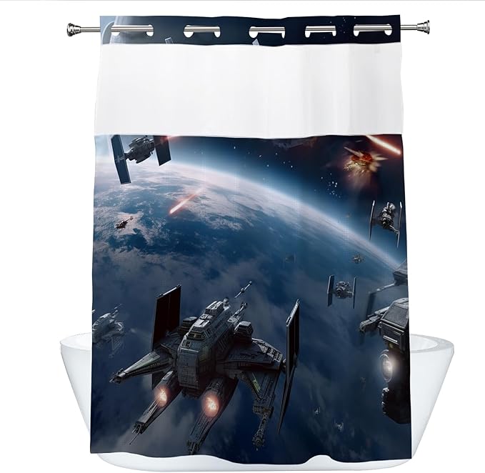Funny Planet Science Fiction Movie Theme Universe War Cool Shower Curtain with Snap in Fabric Liner Set, Detachable Liner, See Through Mesh Top Window, Waterproof Washable 72" W x 74" H