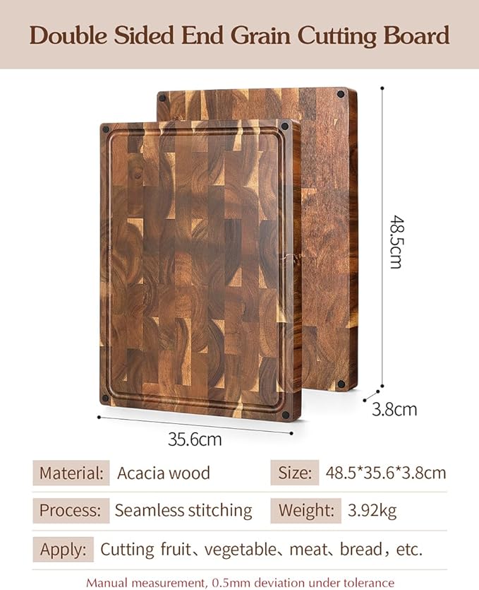 XINZUO Large Thick End Grain Acacia Wood Cutting Board- (19''L x 14''W x 1.5''T) Reversible Wooden Chopping Board with Non-Slip Feet, Built-in Handles and Juice Groove- Butcher Block Cutting Board