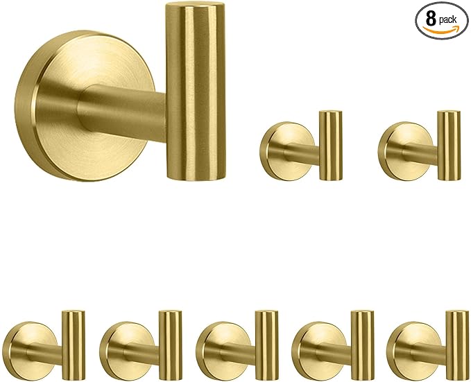 NearMoon Bath Towel Hooks- SUS 304 Stainless Steel Robe Hook Holder, Heavy Duty Coat Hook for Bathroom Livingroom Hotel Kitchen Garage, Wall Mounted (Brushed Gold, 8 Pack)