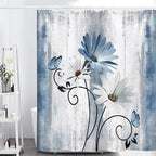Rustic Farmhouse Shower Curtain, Farm Blue Daisy Floral Flowers and Butterfly on Country Wooden Shower Curtain for Bathroom, Turquoise Blue Bathroom Shower Curtains with 12PCS Hooks, 60X70IN