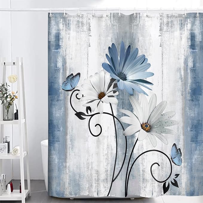 Rustic Farmhouse Shower Curtain, Farm Blue Daisy Floral Flowers and Butterfly on Country Wooden Shower Curtain for Bathroom, Turquoise Blue Bathroom Shower Curtains with 12PCS Hooks, 60X70IN