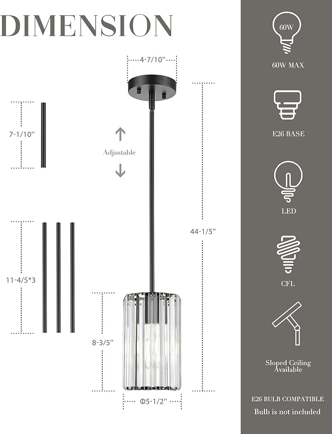 Crystal Pendant Light, Mini Chandelier with Matte Black Finish, Modern Hanging Light Fixture for Kitchen Dining Room Bedroom, CKPL5510-1P-BK
