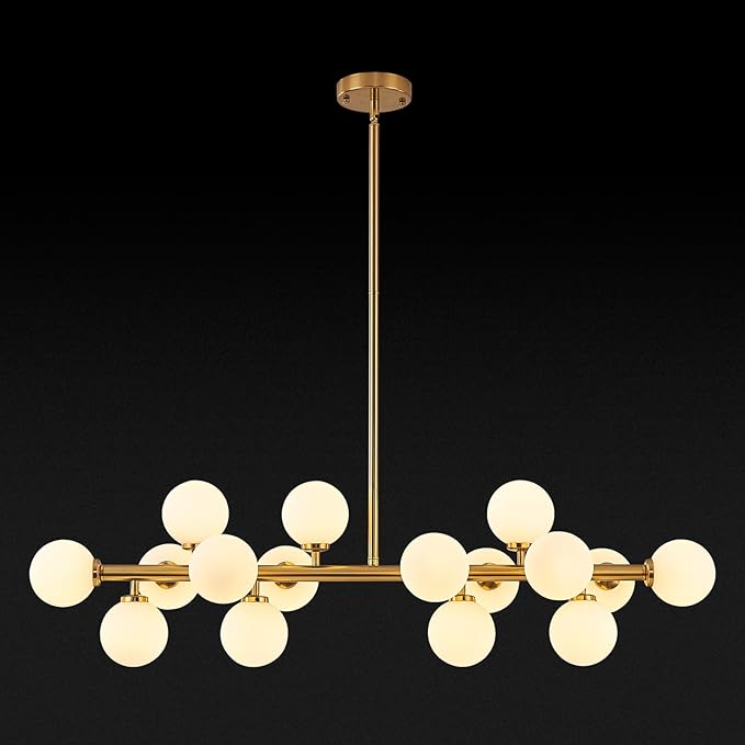 16-Light Globe Sputnik Chandelier, Mid Century Modern Light Fixture Over Table, Brass Gold Linear Chandeliers for Dining Room and Kitchen Island (Milk White Glass Bubble Shades, 40 Inch)