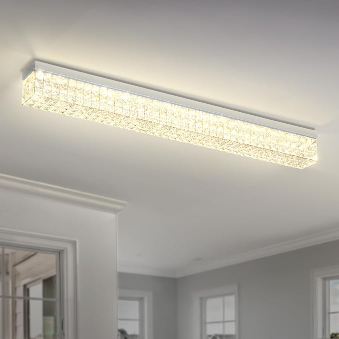 L48 Rectangular Chandelier Flush Mount Rectangle Chandelier Modern K9 Crystal Chandeliers Light Fixture for Dining Room Bedroom Bar Silver Crystal Ceiling Lights