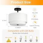3-Light Semi Flush Mount Ceiling Light Fixture,12.6inch Modern Close to Ceiling Light with 2-Layer White Drum Fabric Shade,Entryway Light Fixture Ceiling Mount Lamps for Bedroom Dining Room