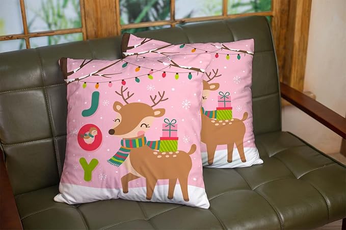 CAPSCEOLL 2PCS Pink Deer Pillow Covers - 18x18Inch Christmas Cute Reindeer Bird Gift Box Joy Bulb Tree Merry New Year Bedroom Sofa Living Room Pillow Covers