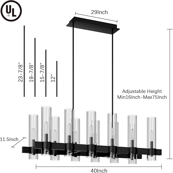 Black Linear Chandelier, 40 Inch 12-Lights Modern Kitchen Island Dining Room Over Table Light Fixture, Industrial Farmhouse Large Pendant Lighting with Glass Shade