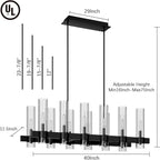 Black Linear Chandelier, 40 Inch 12-Lights Modern Kitchen Island Dining Room Over Table Light Fixture, Industrial Farmhouse Large Pendant Lighting with Glass Shade