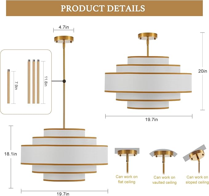 19.7" Gold Drum Chandelier with White Linen Lampshade 4-Light Modern Farmhouse Chandelier Light Fixture for Living Room, Dining Room, Kitchen Island, Foyer, Entryway, Bedroom
