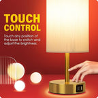 Bedside Lamp with USB port - Touch Control Table Lamp for Bedroom Wood 3 Way Dimmable Nightstand Lamp with Round Pleated Shade for Living Room, Dorm, Home Office (LED Bulb Included) (Pleated)
