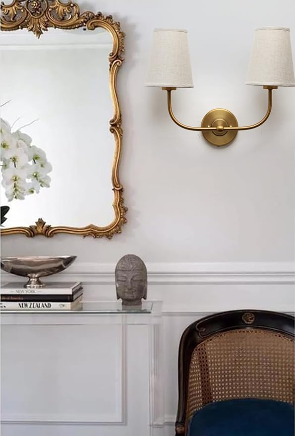 2-Lights Wall Sconces with Funnel Linen Fabric Shades, Double Light Wall Lamps for Bedroom Living Room Vanity Bathroom Hallway Stairway