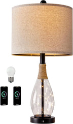 OYEARS 23" Farmhouse Table Lamps for Living Room,Boho Rattan Bedside Lamps with USB-C & USB-A Ports, Glass Nightlight, Dual Light Sources, Black