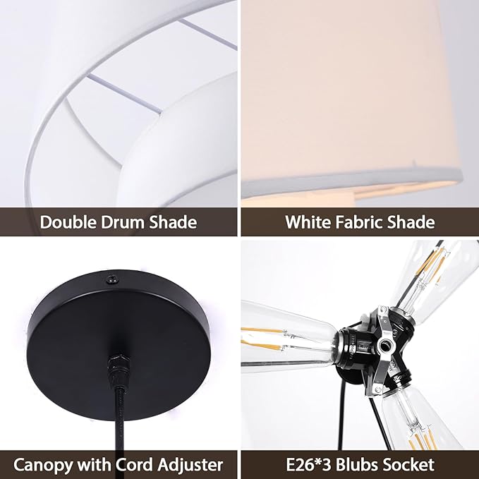 18" Drum Pendant Light Fixture, 3 Light Drum Chandelier with Wihte Fabric Lampshade, 2 Tier Dining Room Light Fixtures over Table, Ceiling Drum Chandeliers for Dining Room, Bedroom and Living Room
